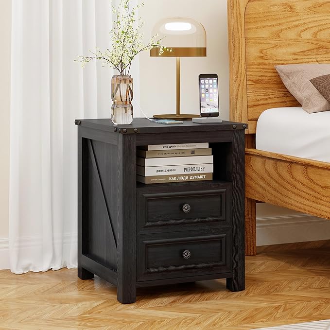 Farmhouse Nightstand with Charging Station, 18” Wide End Table with 2 Drawers - Image 7