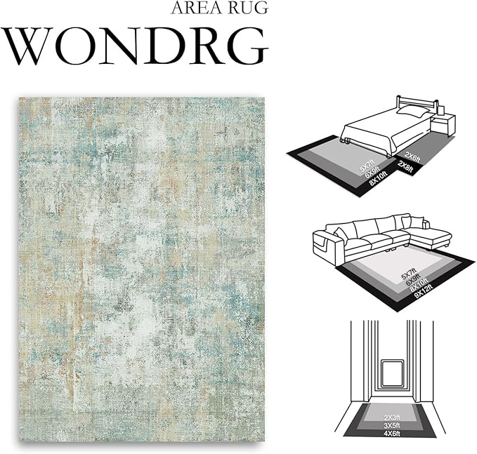 6x9 Washable Area Rug Teal Beige Modern Neutral Abstract Living Room Bedroom - Image 2