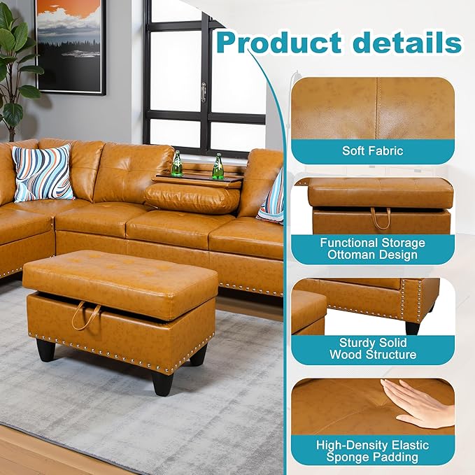 L Shaped Couch PU Leather Sectional Couch Upholstered 3 Pieces Sofas - Image 5