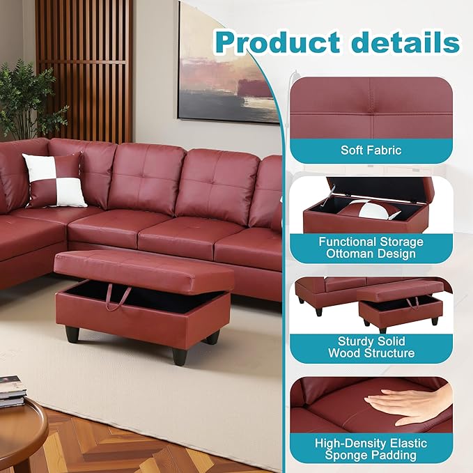 L Shaped Couch Faux Leather Sectional Couch Upholstered 3 Pieces Sofas - Image 5