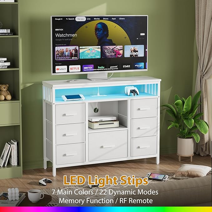 7 Drawer Dresser TV Stand with Power Outlets and LED Lights, Entertainment - Image 5