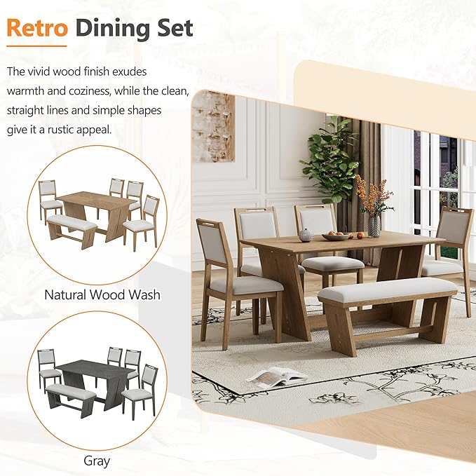 Merax 6-Piece Retro Dining Set, 1 Rectangular Table - Image 7