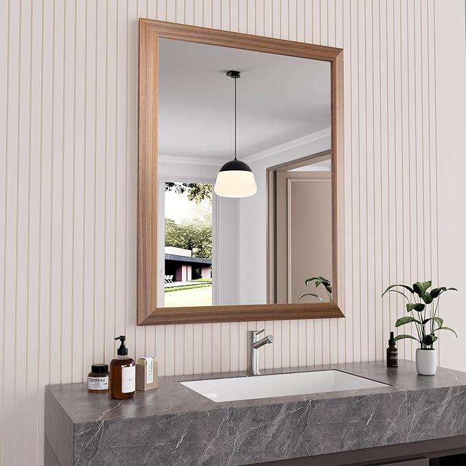 Amorho Bathroom Mirror, 28 X36 Inch Wall Mirror, Walnut Wood Grain Metal Framed by Amorho