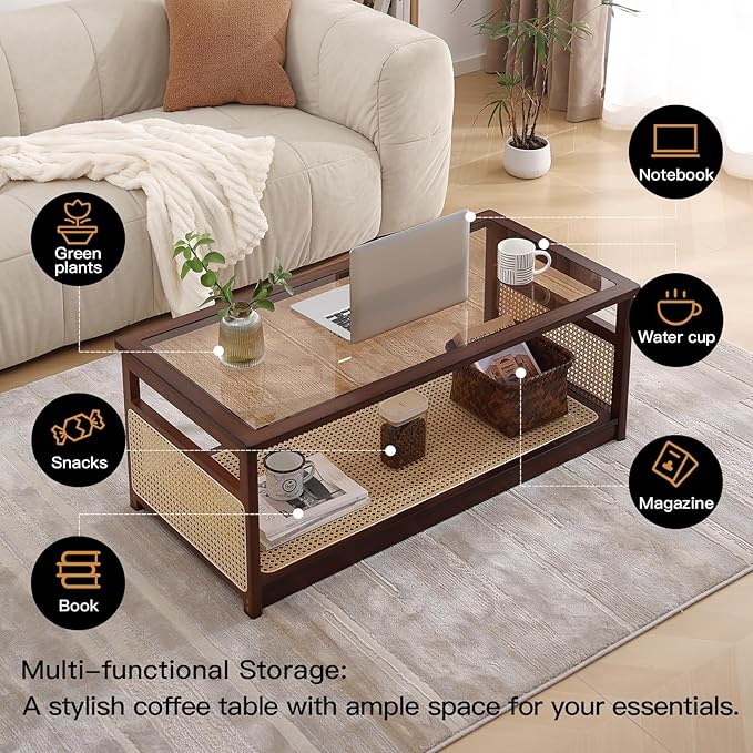 Welnow Rattan Coffee Tables for Living Room, Modern 2-Tier Coffee Table - Image 6