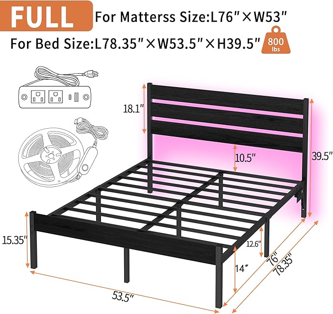 Full Size Bed Frame with Headboard, Heavy Duty LED Bed Frame with USB Charging - Image 2