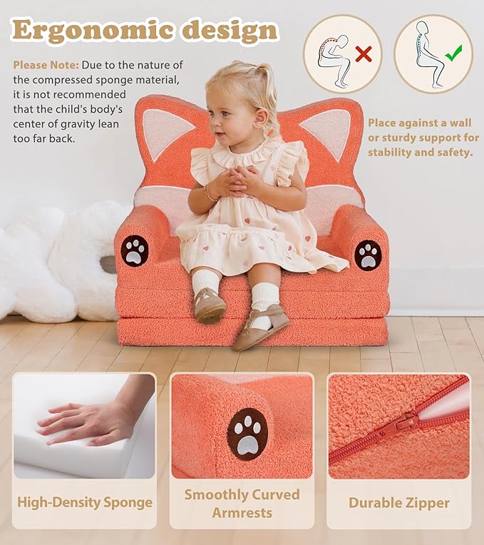 Kids Couch, 2-in-1 Soft Toddler Couch Fold Out - Image 6