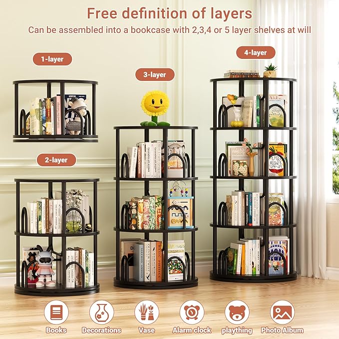 Aheaplus 4 Tier Rotating Bookshelf Tower, 360 Display Spinning Bookcase - Image 5