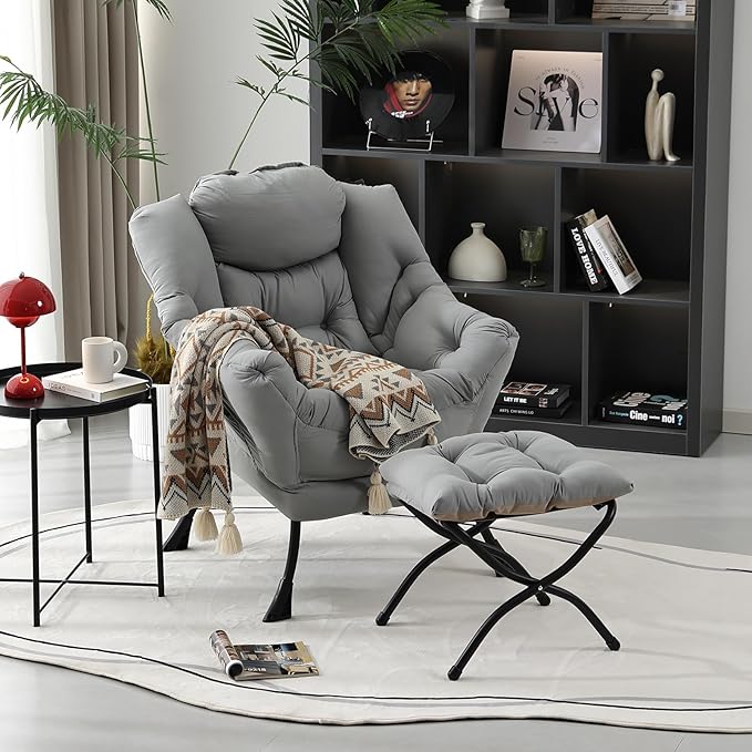 Lazy Chair with Folding Ottoman, Modern Accent Lounge Armchair with Armrests - Image 6