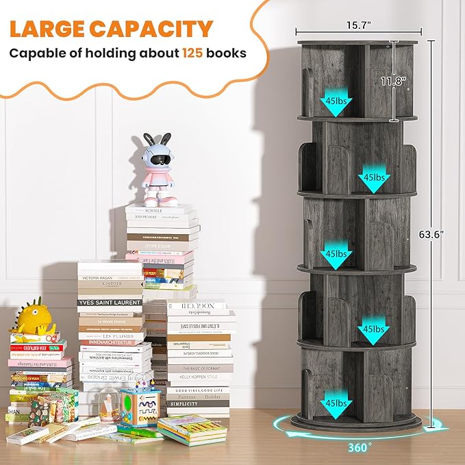 Rotating Bookshelf Tower, 5 Tier Spinning Bookcase, Revolving 360 Book Shelf - Image 3