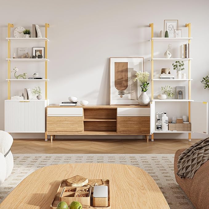 74" Tall Bookshelf with Storage Cabinet, Modern Ladder Shelf with Wood and - Image 6