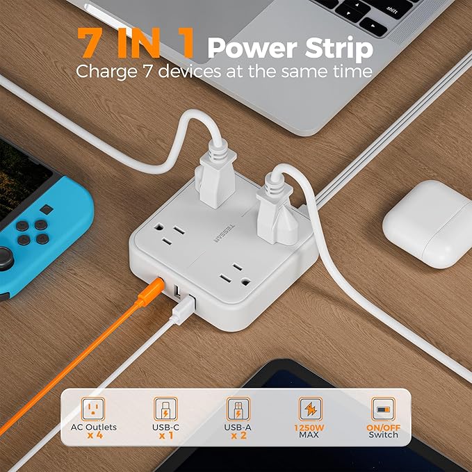 Surge Protector Flat Extension Cord 15Ft, TESSAN Flat Plug Power Strip - Image 3
