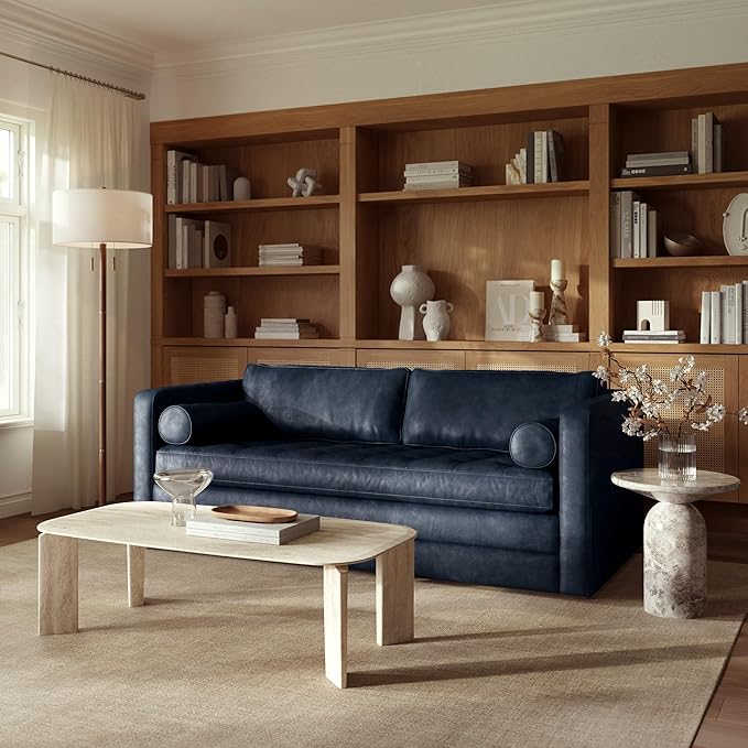 POLY & BARK Napa 82" Leather Pull-Out Convertible Sleeper Sofa in Midnight Blue - Image 7