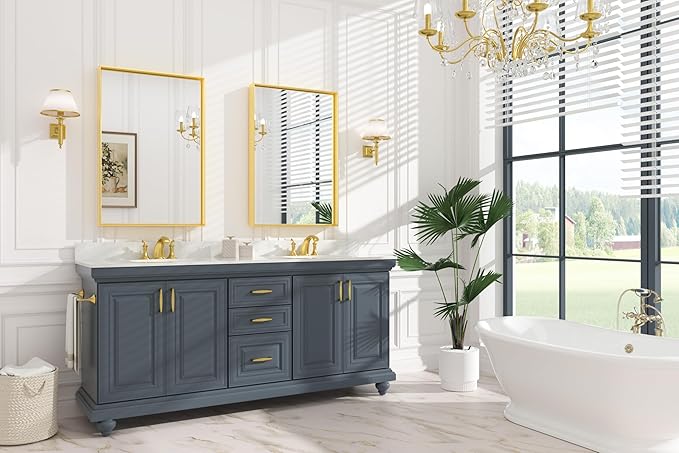 Keonjinn 24 x 36 Inch Brushed Gold Bathroom Mirror Gold Wall Mounted Vanity - Image 2