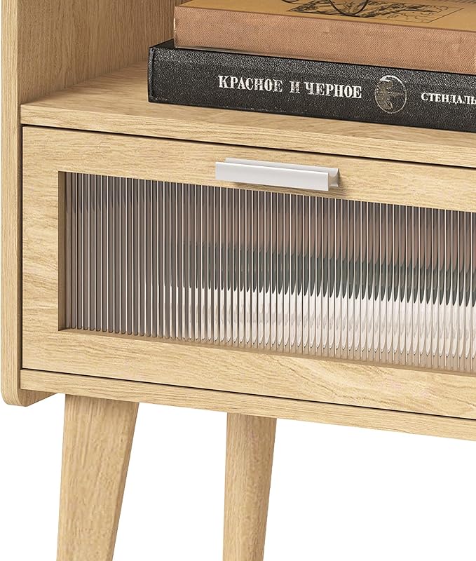 Nightstand with Charging Station, Bedside Tables with Glass Decorative Door - Image 6