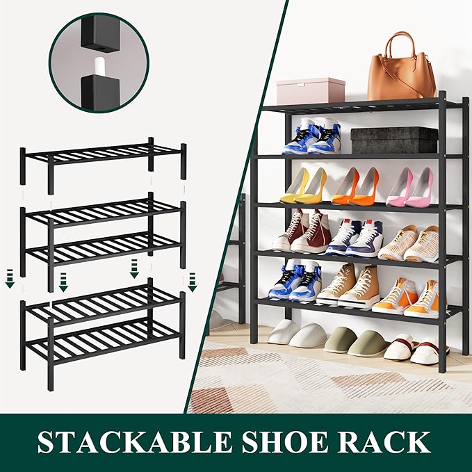 Smiry Shoe Rack, 2 Tier Bamboo Shoe Organizer, Stackable Free Standing Wooden - Image 4