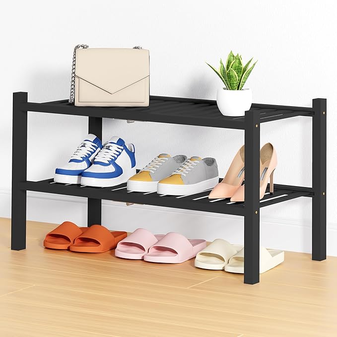 Smiry Shoe Rack, 2 Tier Thick Bamboo Shoe Organizer, Stackable Free Standing by Smiry