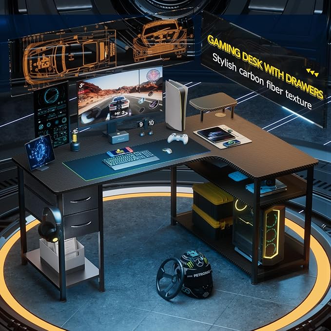 GTRACING Gaming Desk with Drawers, Carbon Fiber Style L Shaped Computer Desk - Image 2