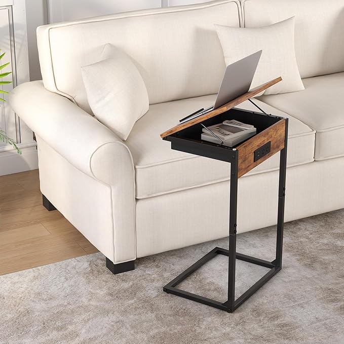 C Shaped End Table with Charging Station, 45° Tiltable Adjustable Flip Top - Image 2