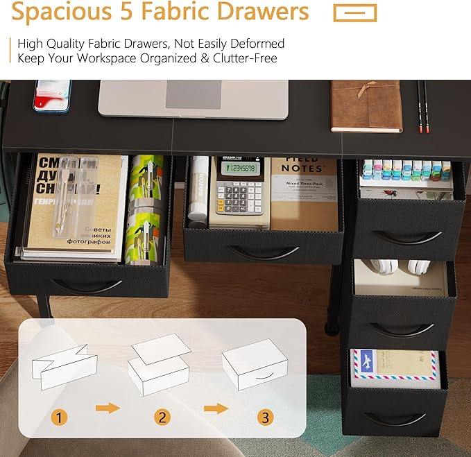 Small Computer Desk with 5 Fabric Drawers, 33 Inch Writing Desk - Image 3
