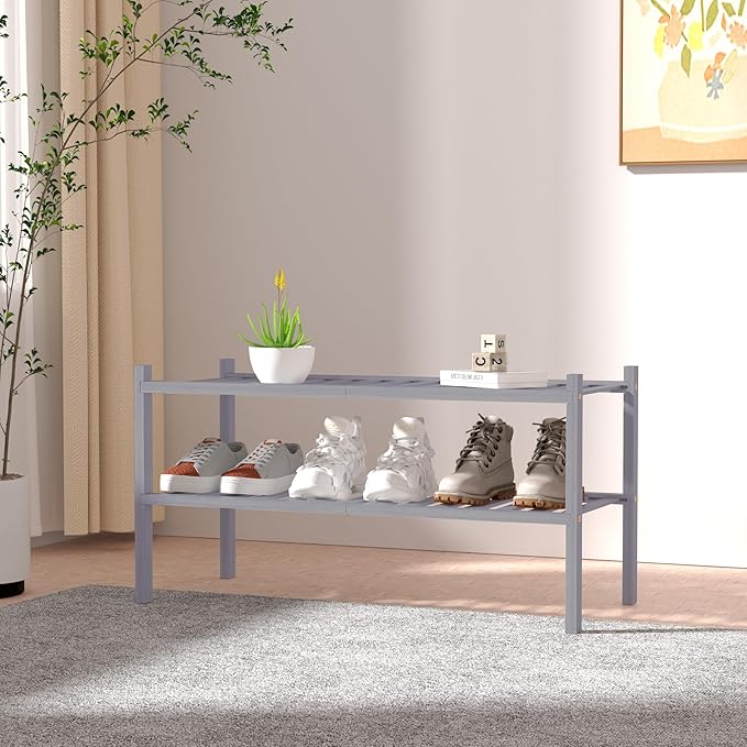 2 Tier Bamboo Shoe Rack for Closet Free Standing Wood Shoe Shelf for Entryway - Image 2
