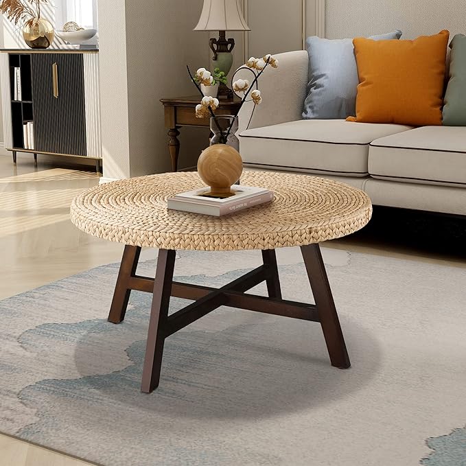 RANDEFURN Coffee Table Round, Seagrass Coffee Tables, Pine Wood X Base Frame by Unknown