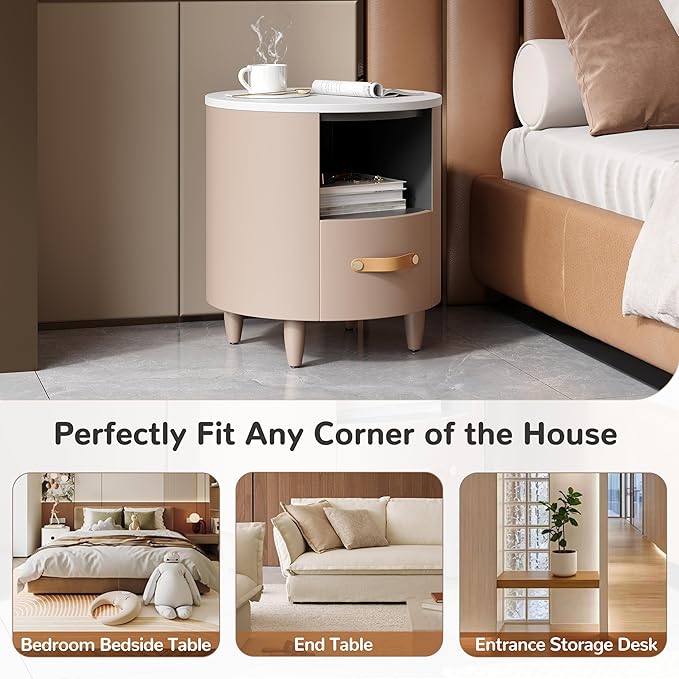 Merax Round Nightstand with Storage Drawer, MDF Contemporary Modern Bedside - Image 6