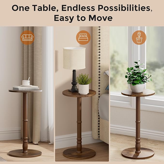 Round Side Tables Set of 2, Solid Wood Pillar - Image 8