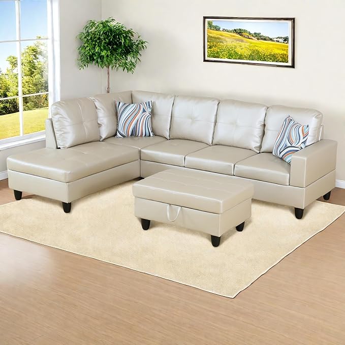L-Shaped Sectional Sofa with Ottoman, Right-Facing Leather Modern Couch with - Image 4
