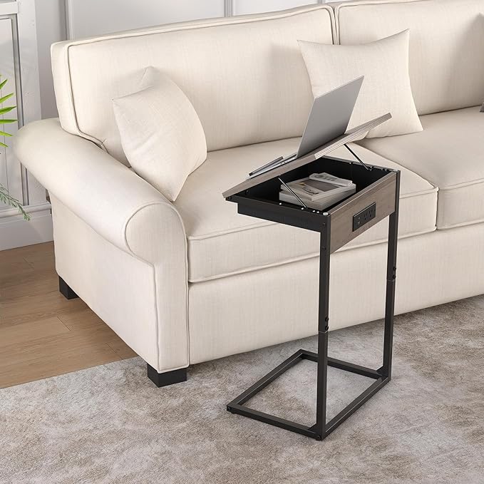 C Shaped End Tables with Charging Station, 45° Tiltable Adjustable Flip Top - Image 2