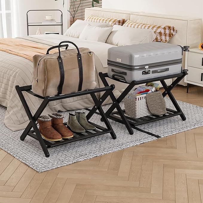 2 Pack Fully Assembled Black Bamboo Luggage Racks by SmartFENDEE