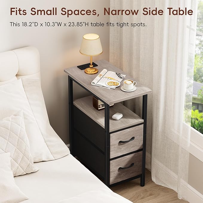 Vagusicc Nightstand with Charging Station and LED Lights, Narrow Side Table - Image 5