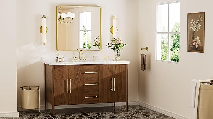 Keonjinn Gold Bathroom Mirror for Over Sink, Large Rounded Rectangle Gold - Image 2