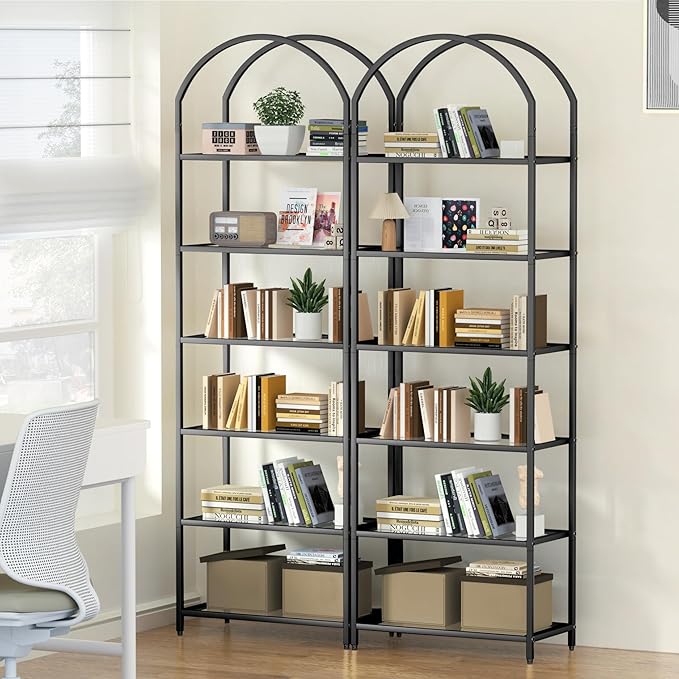 Homhedy Bookshelf Arched Display Racks, Metal Bookcase, Tempered Glass Shelves - Image 4