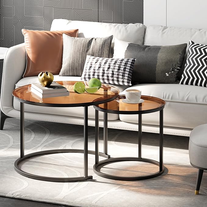 aboxoo Nesting Coffee Table Set of 2, Small Round Glass Nesting Tables - Image 2