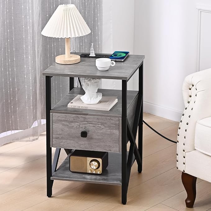 Side Tables with Wireless Charging Station, Side Tables with Wood Drawer - Image 7