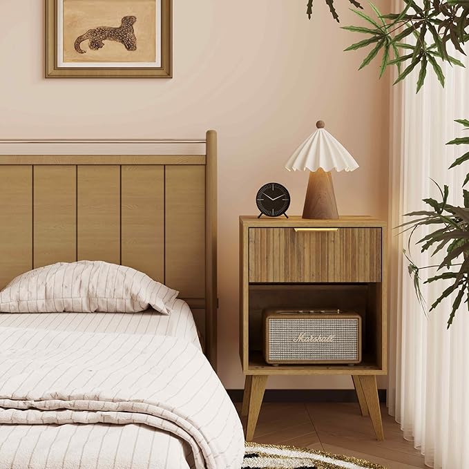 Fluted Night Stand with Opening Storage, Mid Century Bedside Table with Drawer - Image 2