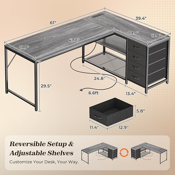 PRAISUN 61" L Shaped Desk with Power Outlets and USB-C Port, Reversible - Image 3
