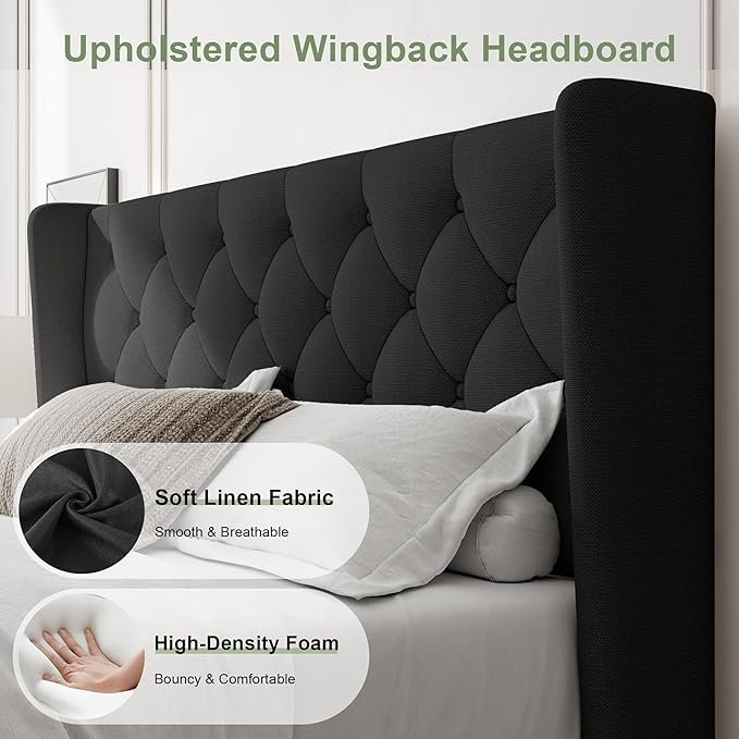 Feonase Queen Bed Frame with Upholstered Wingback Headboard, Platform Bed and - Image 3