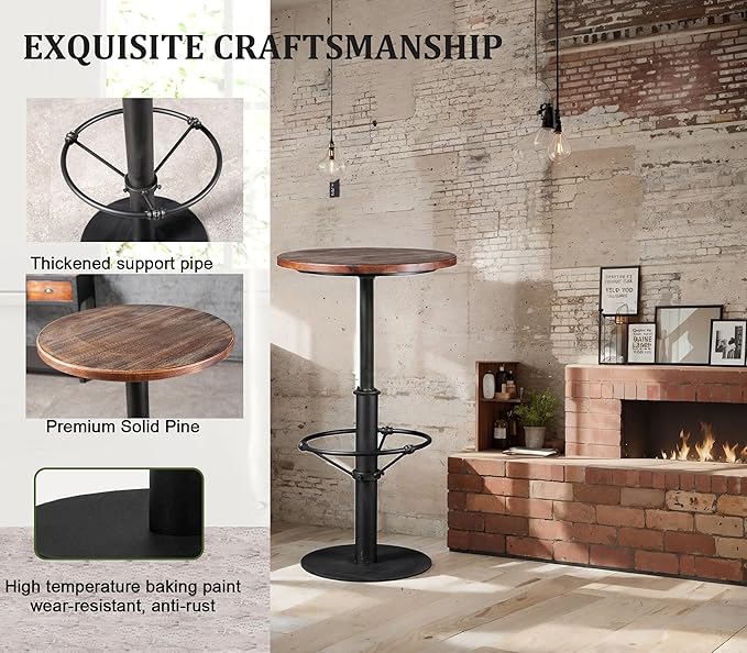 LOKKHAN 42" Tall Rustic Industrial Bar Table-19.68" Dia Round Wooden Top Metal - Image 4