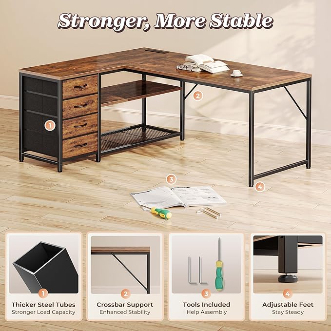 PRAISUN 53" L Shaped Desk with Power Outlets and USB-C Port, Reversible - Image 8