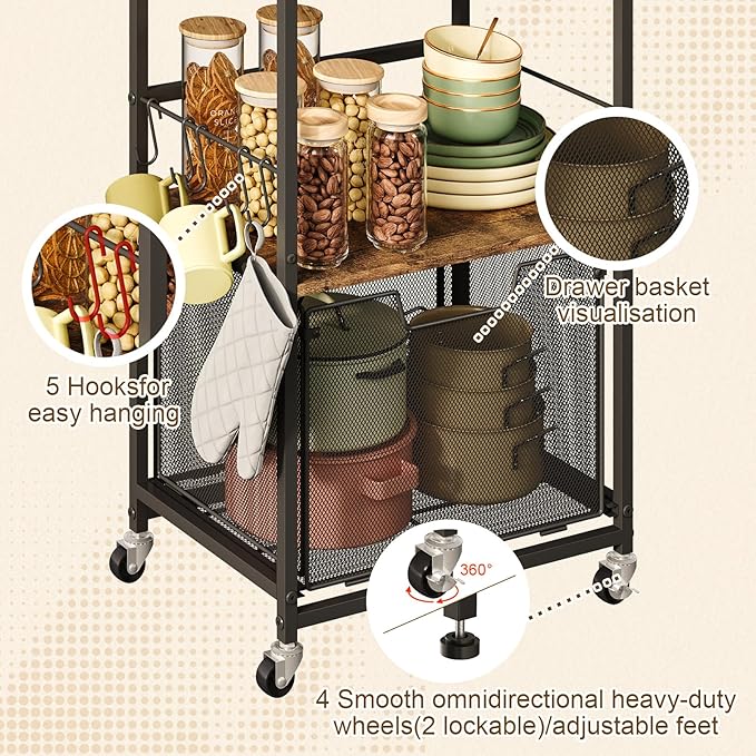 Microwave Stand with Drawers & Hooks, 3-Tier Rolling Kitchen Cart - Image 3