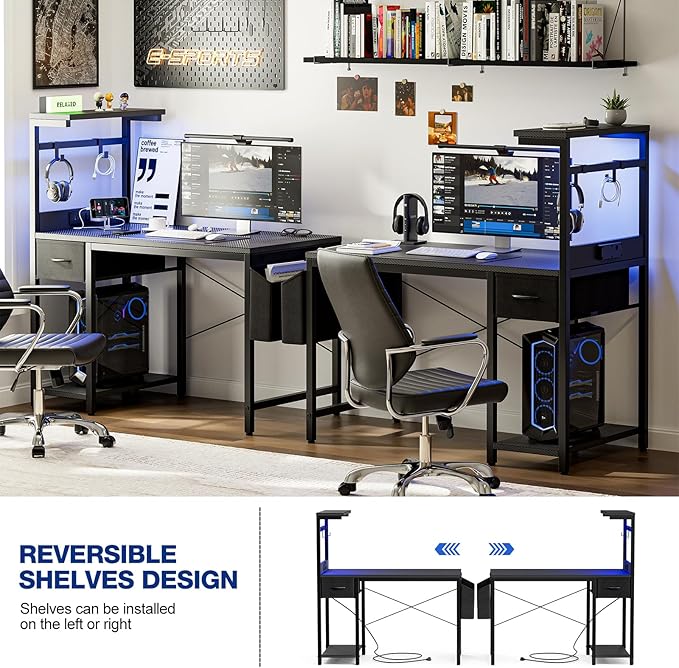 Gaming Desk 55 Inch with Power Outlet and LED Light, Computer Desk with - Image 5