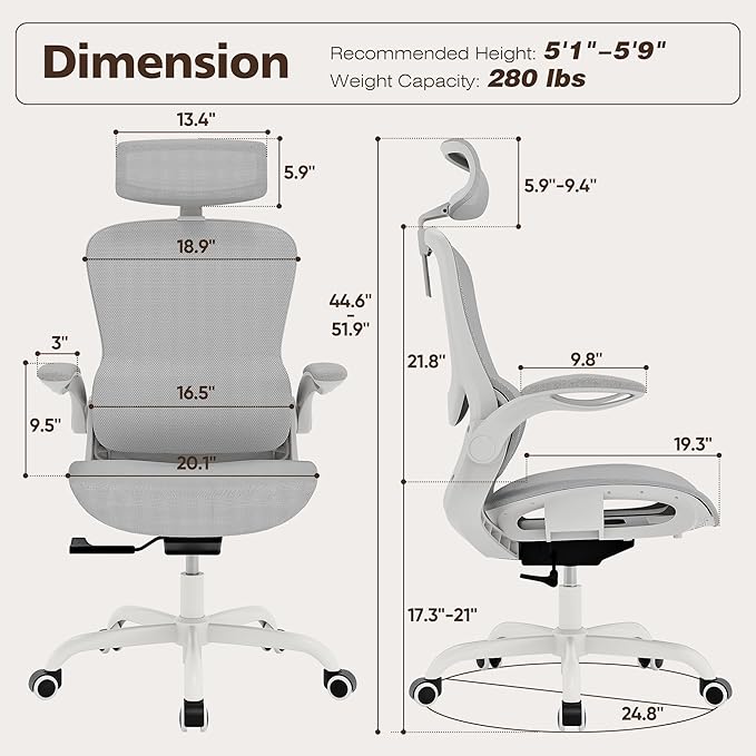 GABRYLLY Ergonomic Mesh Office Chair- White Desk Chair, Flip-Up Armrest - Image 2