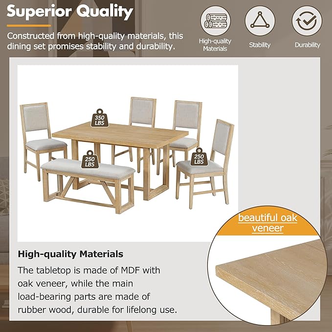 Merax Farmhouse Wood 6-Piece Dining Set, 59.6 inch Rectangular Table, 4 - Image 4