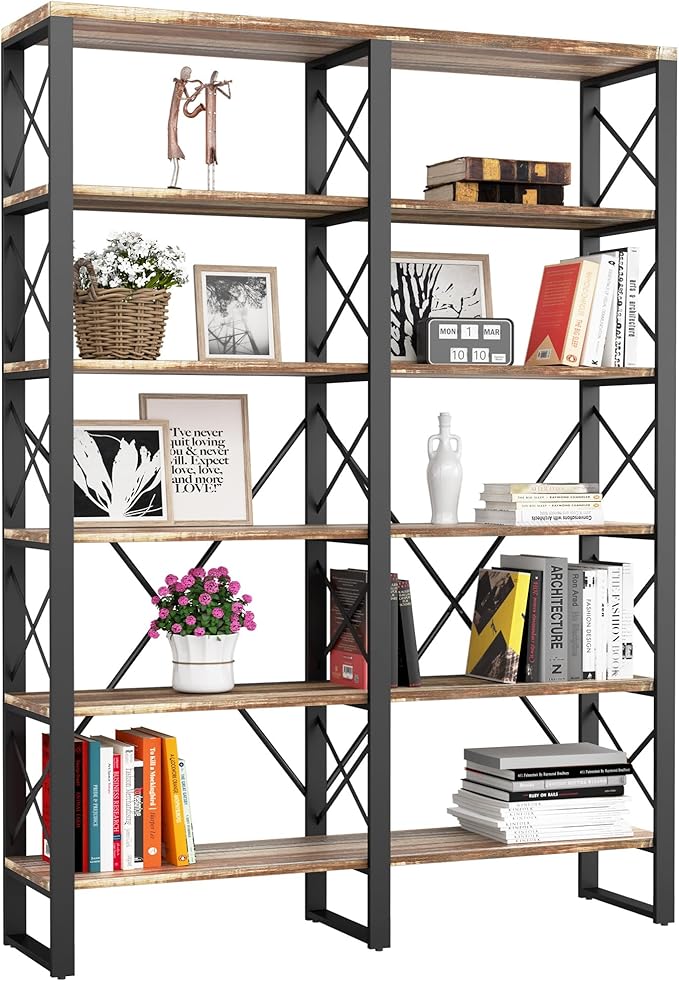 IRONCK Bookshelves Double Wide 6-Tier 76" H, Open Large Bookcase, Industrial by IRONCK