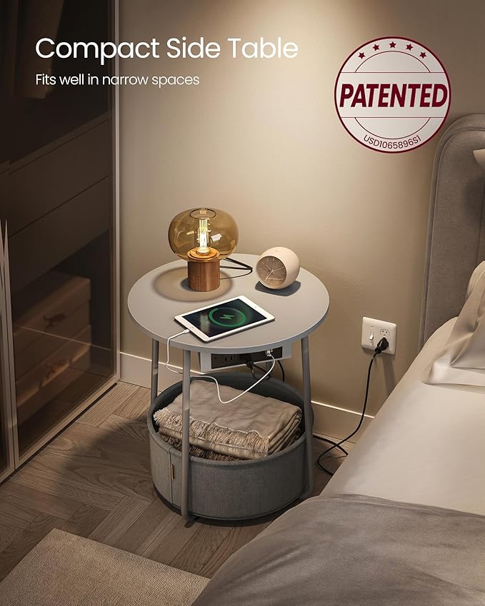 VASAGLE Side Table with Charging Station, Round End Table with Fabric Basket - Image 4