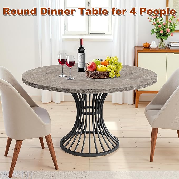 Round Dining Table for 4, 47-Inch Farmhouse Dinner Table Wooden Circle Kitchen - Image 5