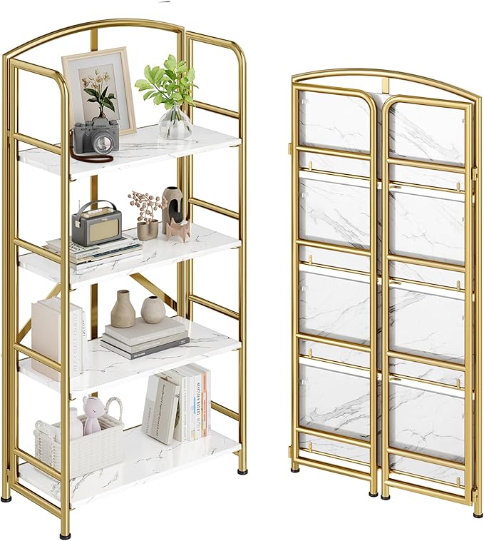 No-Assembly Folding Gold Bookshelf Storage Shelves Multifunctional Plant Flower by THKKYHomeOfficeFurniture