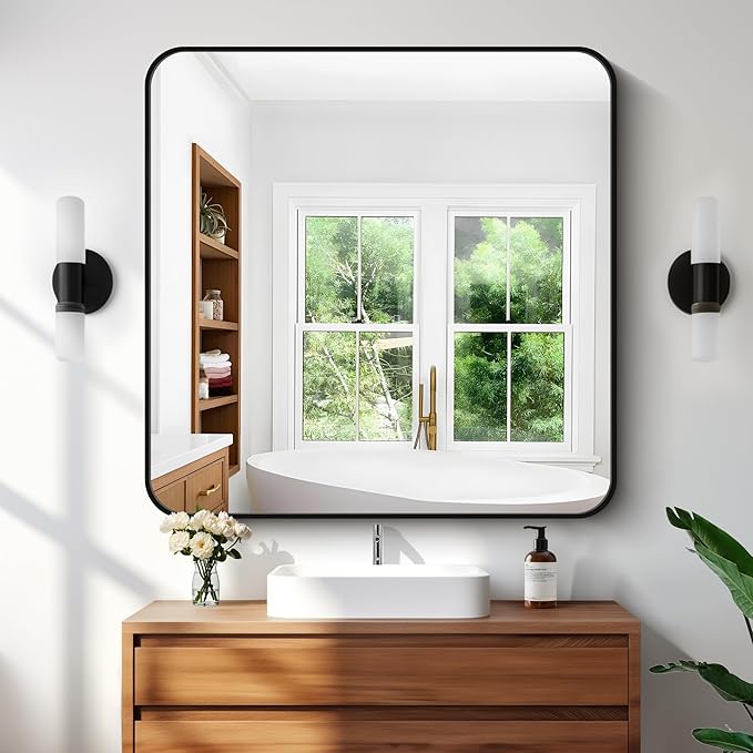 Bathroom Mirror, Metal Frame Rounded Corner Vanity Mirror, Large Wall Mounted by WelcometoCIVENO