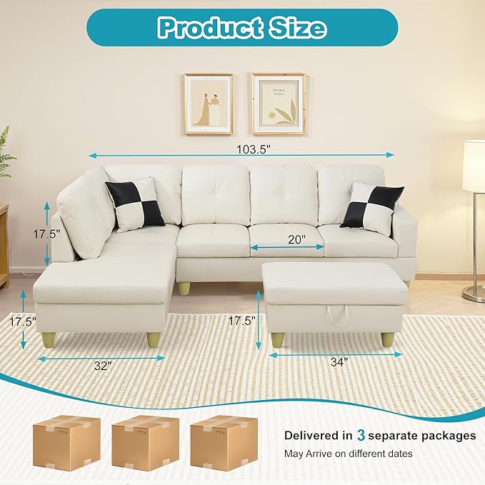 L Shaped Couch Faux Leather Sectional Couch Upholstered 3 Pieces Sofas - Image 2